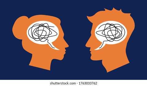 man and woman head silhouette misunderstanding concept. Vector illustration for psychologist blog or social media post.