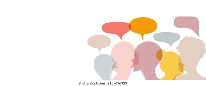 Man and woman head silhouettes with colorful speech bubbles