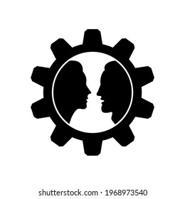 A man and a woman head silhouettes inside gear wheel. Vector clipart and drawing. Black and white isolated illustration.
