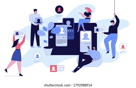 Man and woman headhunters looking for employees, view job profiles from mobile application. Head hunting in social network concept. Vector character illustration of career growth, job vacancy, recruit