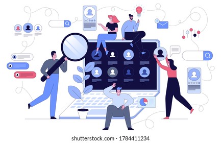 Man and woman headhunters view job profiles from laptop screen, looking in magnifier, personal accounts, professional rating. Vector character illustration of head hunting in social network, vacancy