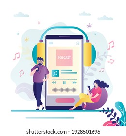 Hombre y mujer con auriculares escuchando podcasts. La gente disfruta del podcast a través de la aplicación. Teléfono con gran auricular y aplicación para podcasting en pantalla. Concepto de transmisión en línea. Ilustración del vector