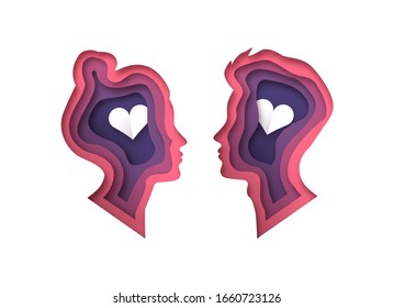 Man and woman heads in 3d paper cut style with cutout heart shape for romantic relationship or love psychology concept. Young straight couple papercut illustration on isolated white background.