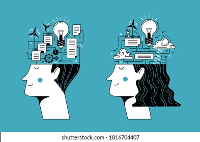 Man and woman heads full of different connected operating mechanisms and schemes as concept of mental process operations and health on turquoise color background cartoon illustration