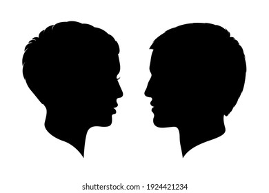 Man and woman heads silhouettes. Male and female profiles isolated on white background. Human heads symbols. Vector illustration