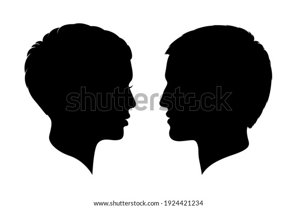 Man and woman heads silhouettes. Male and\
female profiles isolated on white background. Human heads symbols.\
Vector illustration