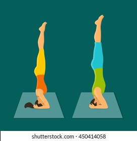 Man and Woman Headstand Pose. Couple practicing yoga sirsasana stand on head pose