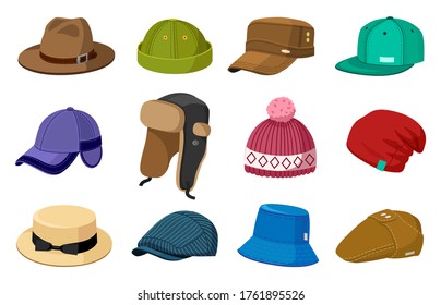 Man and woman headwear. Elegant modern and retro hats and caps, stylish fashion male and female accessories vector illustration icons set. Cap fashion for head, headdress and headwear for winter