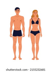 Man and woman with healthy slim bodies, standing in underwear. Front view of male and female humans with slender sporty figure in swimwear. Flat vector illustration isolated on white background.