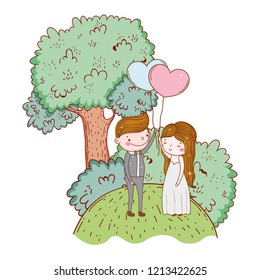 man and woman with heart balloon and tree