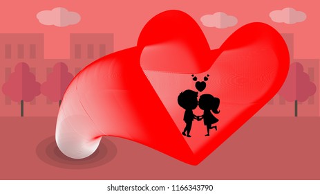 Man woman and heart in the beautiful city.