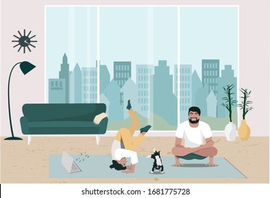 A man, a woman and her cat do yoga at home, the concept of a healthy lifestyle and a friendly family. Body positive.  Stay at home. Home gym and fitness.  Vector illustration.