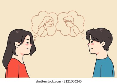 Man and woman hidden emotions in speech bubbles. Unhappy couple lovers have relationships problems. Spouses suffer from relations trouble. Divorce or breakup. Vector illustration. 
