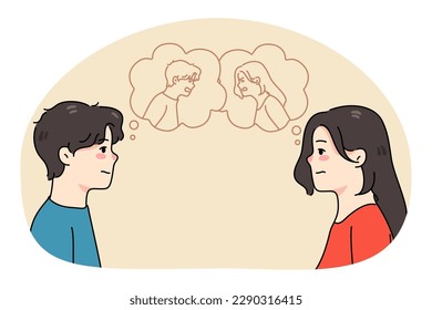 Man and woman hidden emotions in speech bubbles. Unhappy couple lovers have relationships problems. Spouses suffer from relations trouble. Divorce or breakup. Vector illustration.
