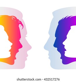 Man and woman hide true feelings by an indifferent neutral faces; Social relationships and communication between man and woman; Silhouettes of men and women faces with emotions; Vector Eps8