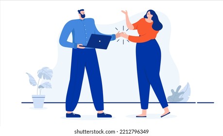 Hombre y mujer de cinco años - Dos empresarios aplaudiendo y sonriendo. Ilustración vectorial de diseño plano con fondo blanco