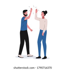 Man And Woman High Fiving And Smiling. Vector Illustration Of Young Bearded Man And Attractive Girl Working Succesfully As A Team And Giving High Five To Each Other. Concept Of Teamwork, Great Idea