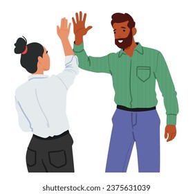 Man And Woman High-five, Smiles Lighting Up Their Faces, Radiating Shared Success And Camaraderie. Male Female Characters Capturing The Essence Of Triumphant Teamwork. Cartoon Vector Illustration