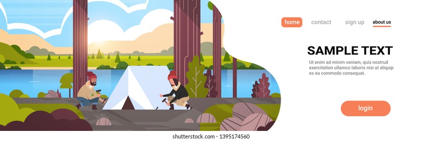 man woman hikers campers installing a tent preparing for camping hiking concept sunrise landscape nature river mountains background flat horizontal full length copy space