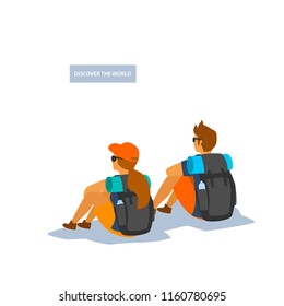 man and woman hikers sitting watching enjoying the view backside vector illustration scene