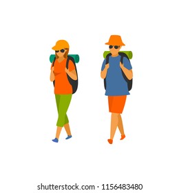 man and woman hikers traveling with backpacks vector illustration 