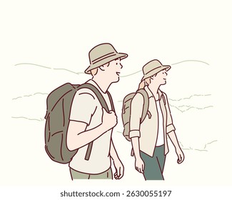 Man and Woman Hiking Together in the Mountains. Hand drawn style vector design illustrations.