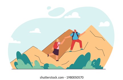 Man and woman hiking vector illustration. Couple of hikers with backpacks helping each other during trek on top of mountain. Outdoor activity concept for banner, website design or landing web page