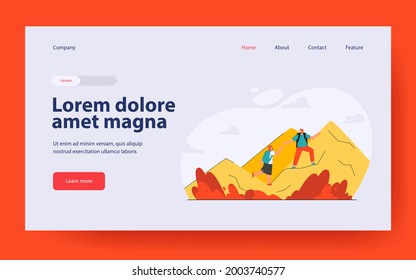 Man and woman hiking vector illustration. Couple of hikers with backpacks helping each other during trek on top of mountain. Outdoor activity concept for banner, website design or landing web page