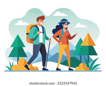 Man and woman hiking vector illustration
