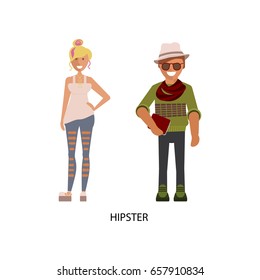 Man and woman hipsters isolated on white background. Vector illustration of people in informal clothes. 