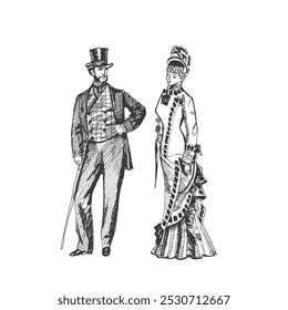 Homem e mulher em trajes históricos, design steampunk para cartão. Desenho à mão - Vetor