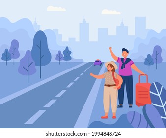 Man and woman hitchhiking on road flat vector illustration. Tourists with backpack thumbing up, trying to catch car. Travel, trip, transportation concept