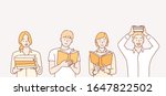 Man and woman hold a book in their hands. Human character on white background. Hand drawn style vector design illustrations.