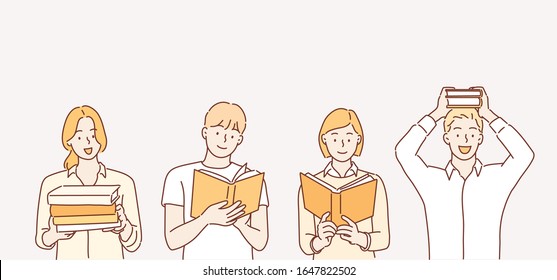 Man and woman hold a book in their hands. Human character on white background. Hand drawn style vector design illustrations.