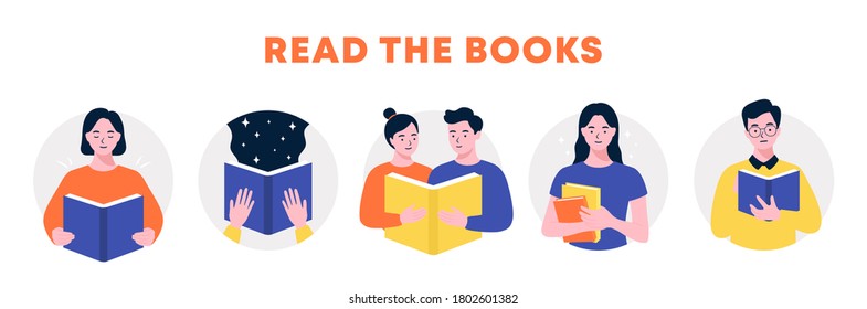 Man and woman hold a book in their hands, Reading people set, World Book Day, Book festival, Portraits of various readers characters, Read more books, Horizontal banner, flat vector illustration.