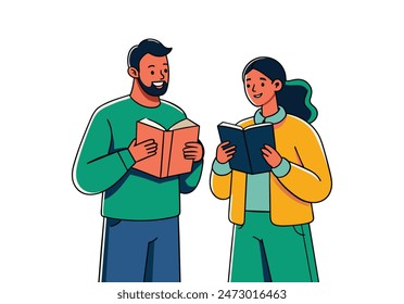 Man and woman hold a book in their hands. Human character on white background. Hand drawn style vector design illustrations.