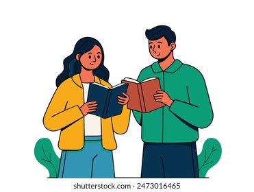 Man and woman hold a book in their hands. Human character on white background. Hand drawn style vector design illustrations.