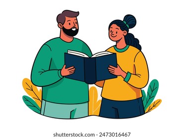 Man and woman hold a book in their hands. Human character on white background. Hand drawn style vector design illustrations.