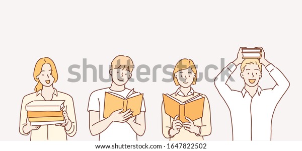 男女が本を手に持つ 白い背景に人物 手描きのスタイルのベクター画像デザインイラスト のベクター画像素材 ロイヤリティフリー