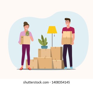 Man and woman hold boxes. Moving.  Vector flat style illustration