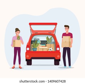 Hombre y mujer sostienen cajas. Casa en movimiento. Cosas en caja en el maletero del camión en la parte trasera. Ilustración de estilo plano vectorial