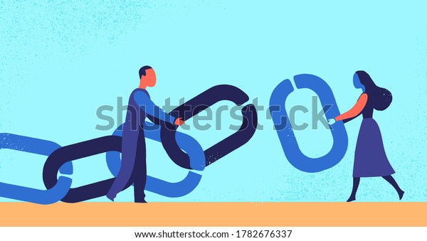 A man\
and a woman hold a chain with the missing\
link