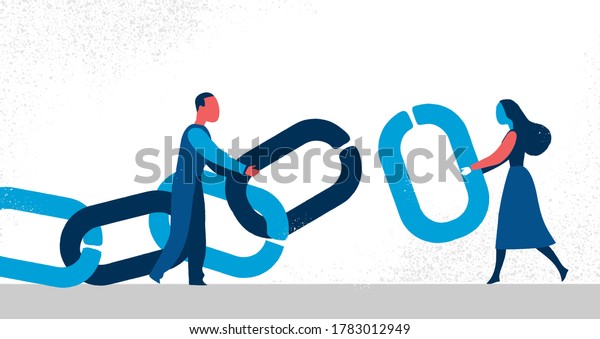 A man\
and a woman hold a chain with the missing\
link
