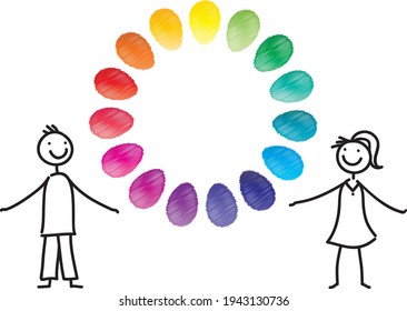 Man and woman hold a color wheel - many options and choices of colors 