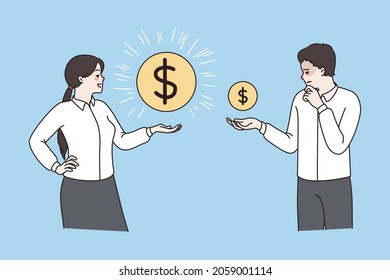 Man and woman hold different dollar coins show salary variation. Employees workers experience wage gap, stressed about money or earnings inequality. Rich and poor. Flat vector illustration.