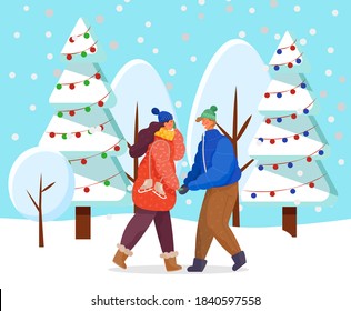 Man and woman hold each other hands. Couple on romantic date. People stroll in snowy forest among decorated fir trees. Festive spruces in park or lawn. Vector illustration of dating in flat style