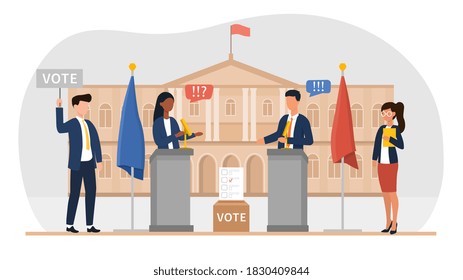 A man and a woman hold an election debate encouraging their supporters to vote for them. Flat cartoon vector illustration.