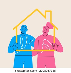 A man and a woman hold a frame in the shape of a house. Colorful vector illustration
