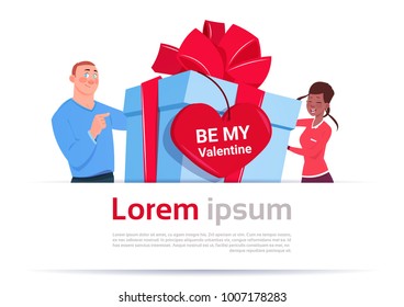 Man And Woman Hold Gift Box With Be My Valentine Greeting Tag Heart Shape On Template White Background Flat Vector Illustration