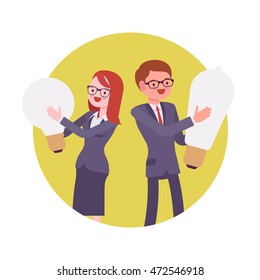 Man and woman hold light bulb. Yellow circle background. Cartoon vector flat-style concept illustration